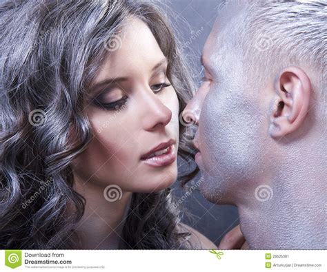 Close Up Portrait Of Young Caucasian Couple Kissing Stock ...