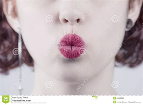 Closeup Photo Of A Beautiful Red Lips Giving Kiss Stock ...