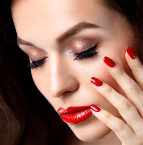 Red Lips And Nails Closeup. Open Mouth Stock Photo - Image ...